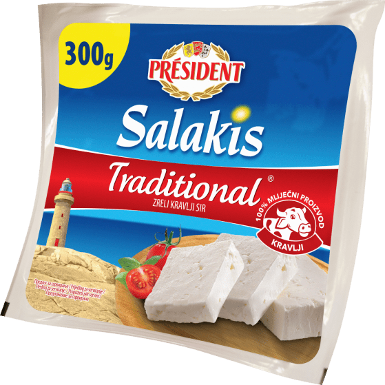 PRESIDENT Salakis Traditional ZRELI KRAVLJI SIR U SALAMURI, U KRIŠKAMA 300 g